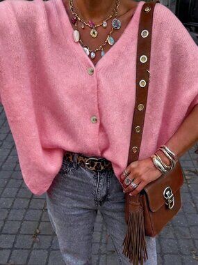 Gentle Pink Casual Women's V-Neck Button Short Sleeve Oversized Knit Cardigan